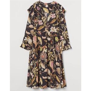 H&M Trend Floral Flounce Maxi Dress S Black Brown V-Neck Boho Romantic Rare